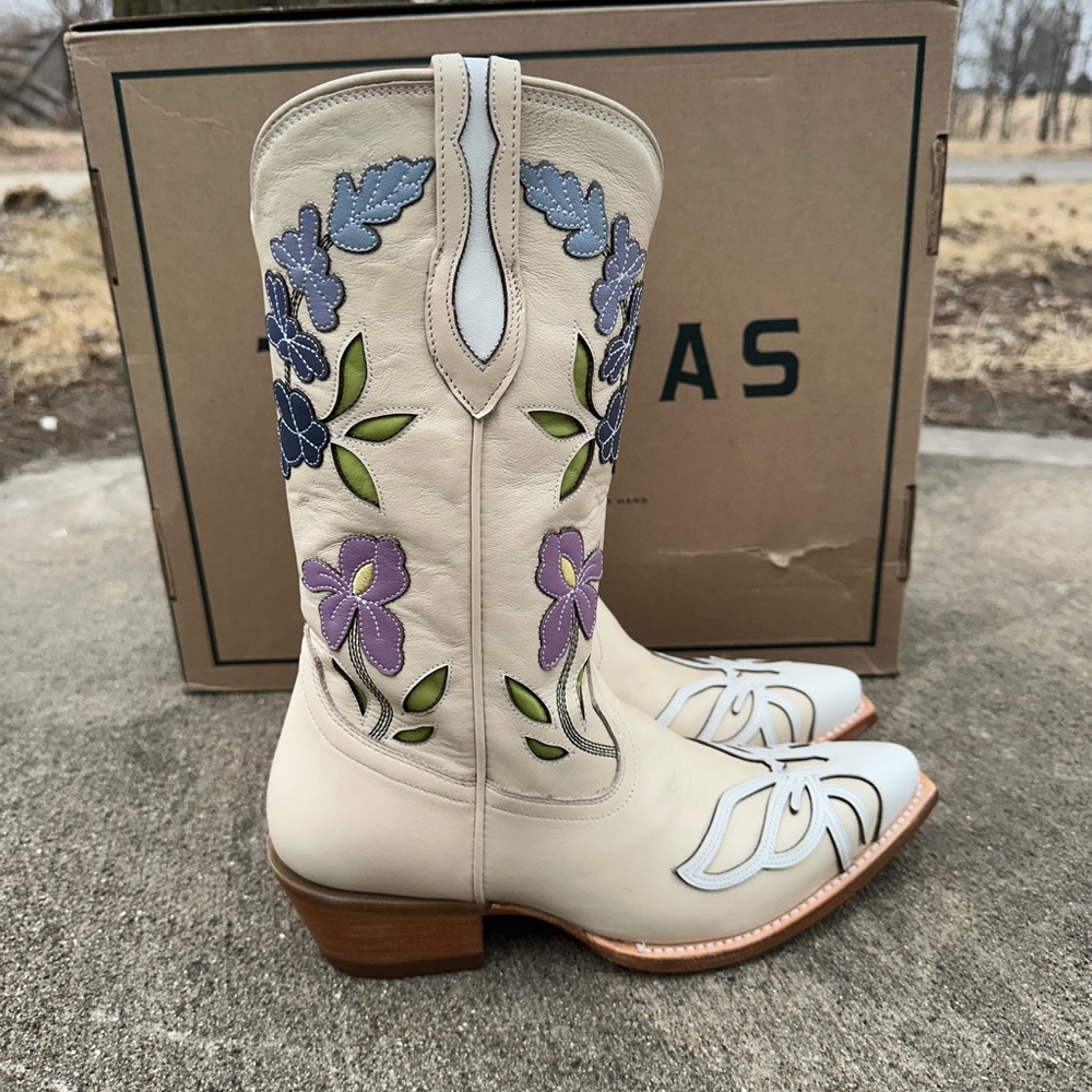 Tecovas The Sadie Meadow Bone Cowboy Boots Size 9 Floral Cream Western Bride